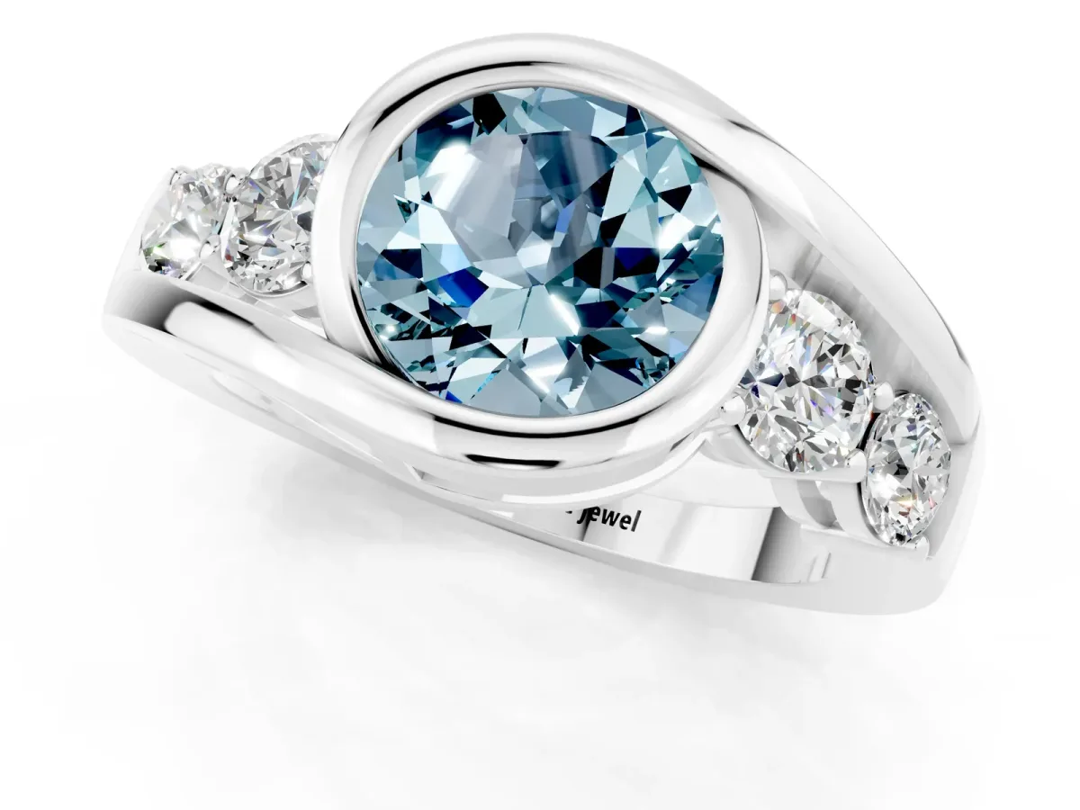 Bezel Set Round Cut Aquamarine Bypass Ring with Round Accents Silver