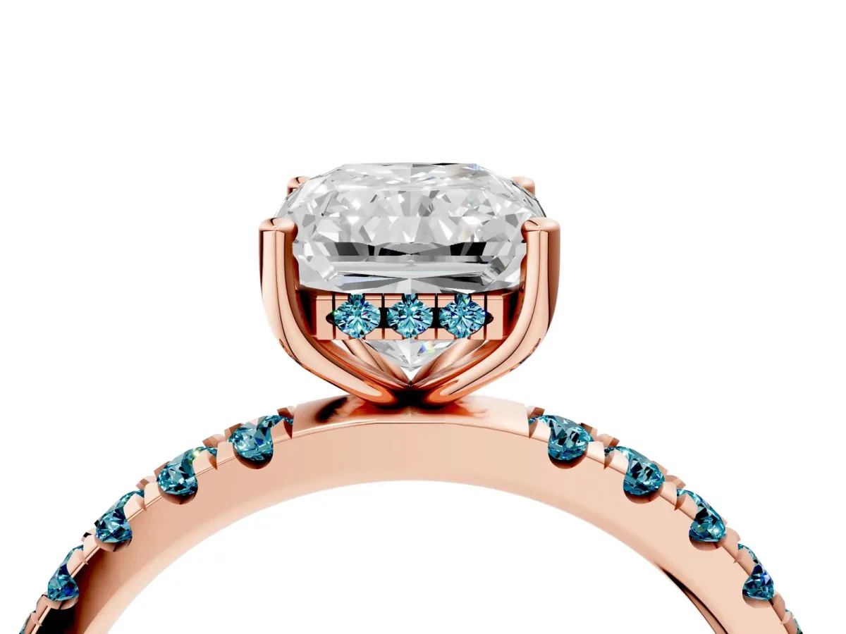 Radiant Cut Diamond Pave Band Solitaire Ring with Round Blue Topaz and Prong Setting Rose gold