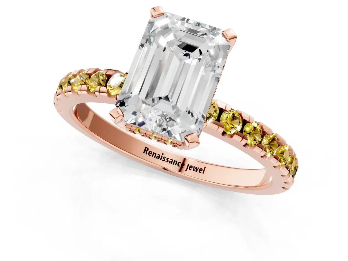 Emerald Cut Diamond Solitaire Ring with Round Yellow Sapphire Pavé Band and Four-Prong Setting Rose gold