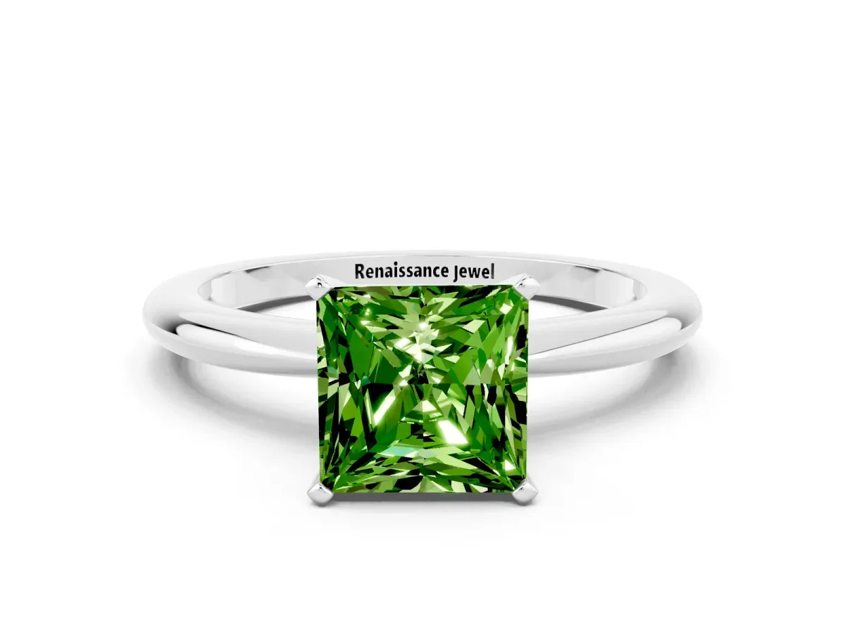 Princess Cut Peridot Solitaire Ring with Six-Prong Setting and Classic Band Silver