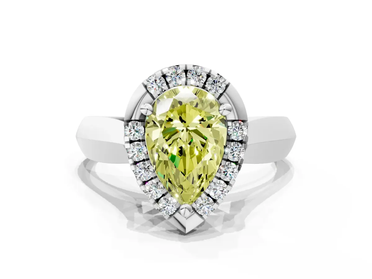 Fancy Yellow Pear Cut Cut Halo Solitaire Engagement Ring with Square Band and Four-Prong Setting White gold