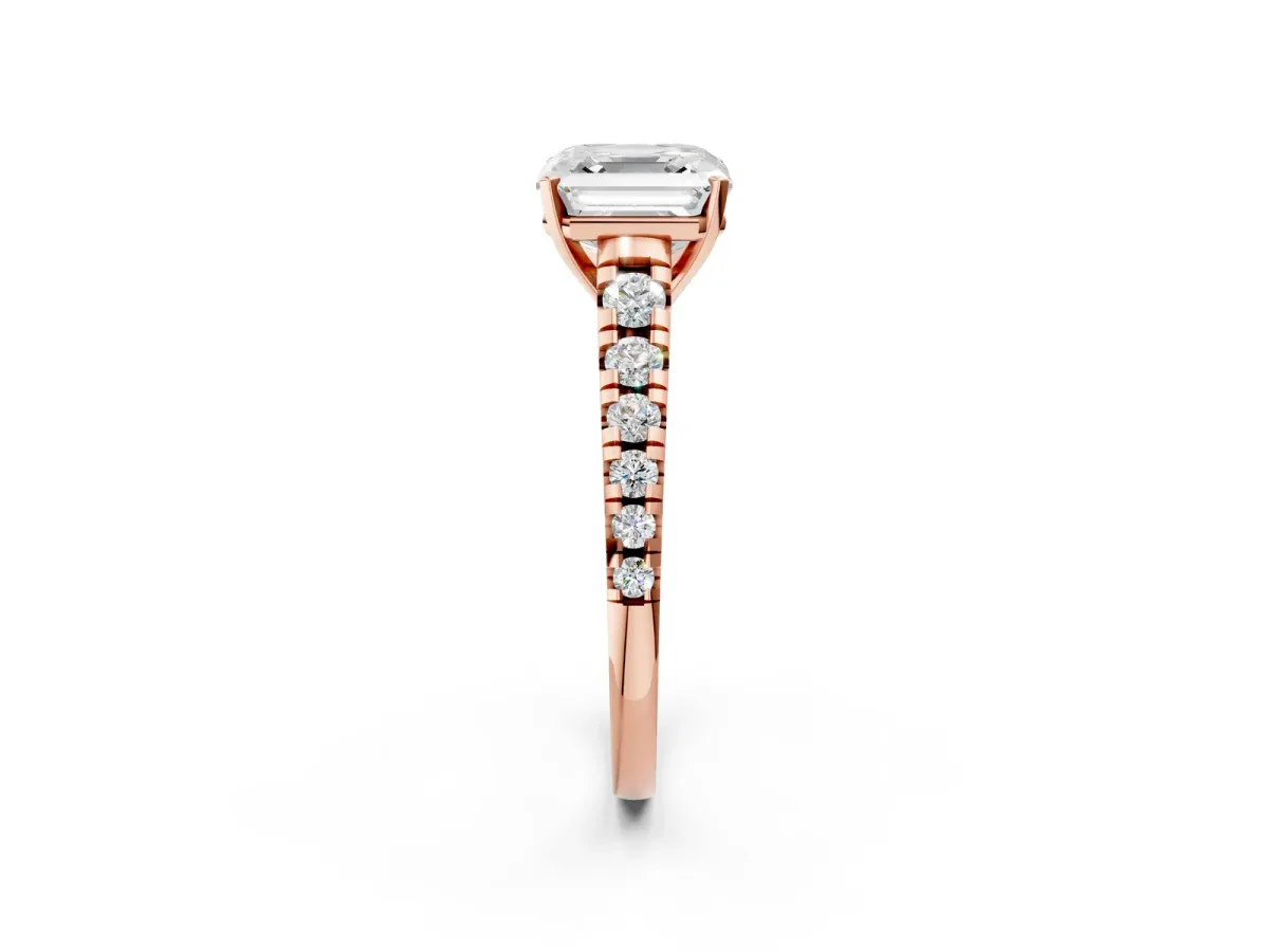 Asscher Cut Diamond Cathedral Solitaire Ring with Round Moissanite Pavé Band Rose gold