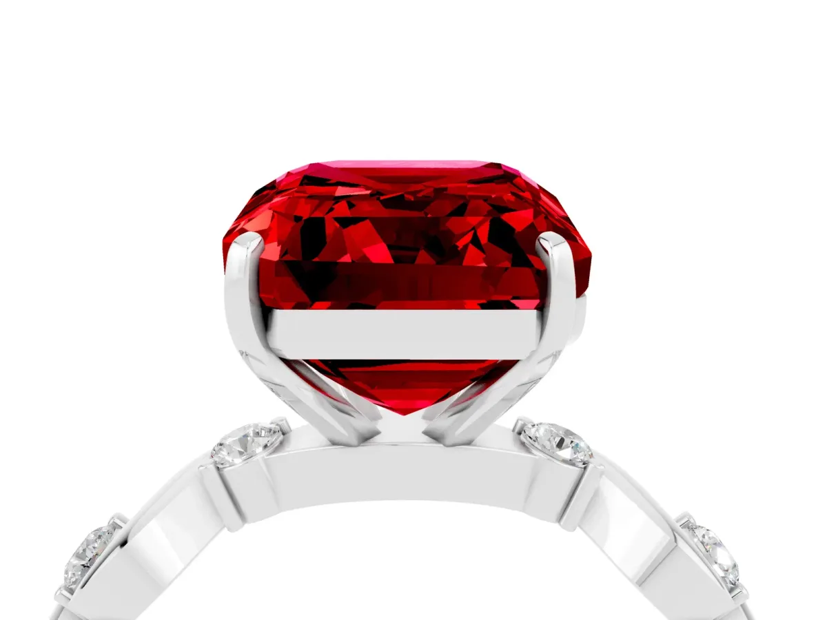 Emerald Cut Ruby Solitaire Twisted Band with Round Accents and Prong Setting Silver