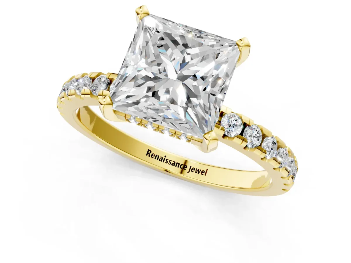 Princess Cut Diamond Solitaire Ring with Round Pavé Band and Four-Prong Setting Yellow gold