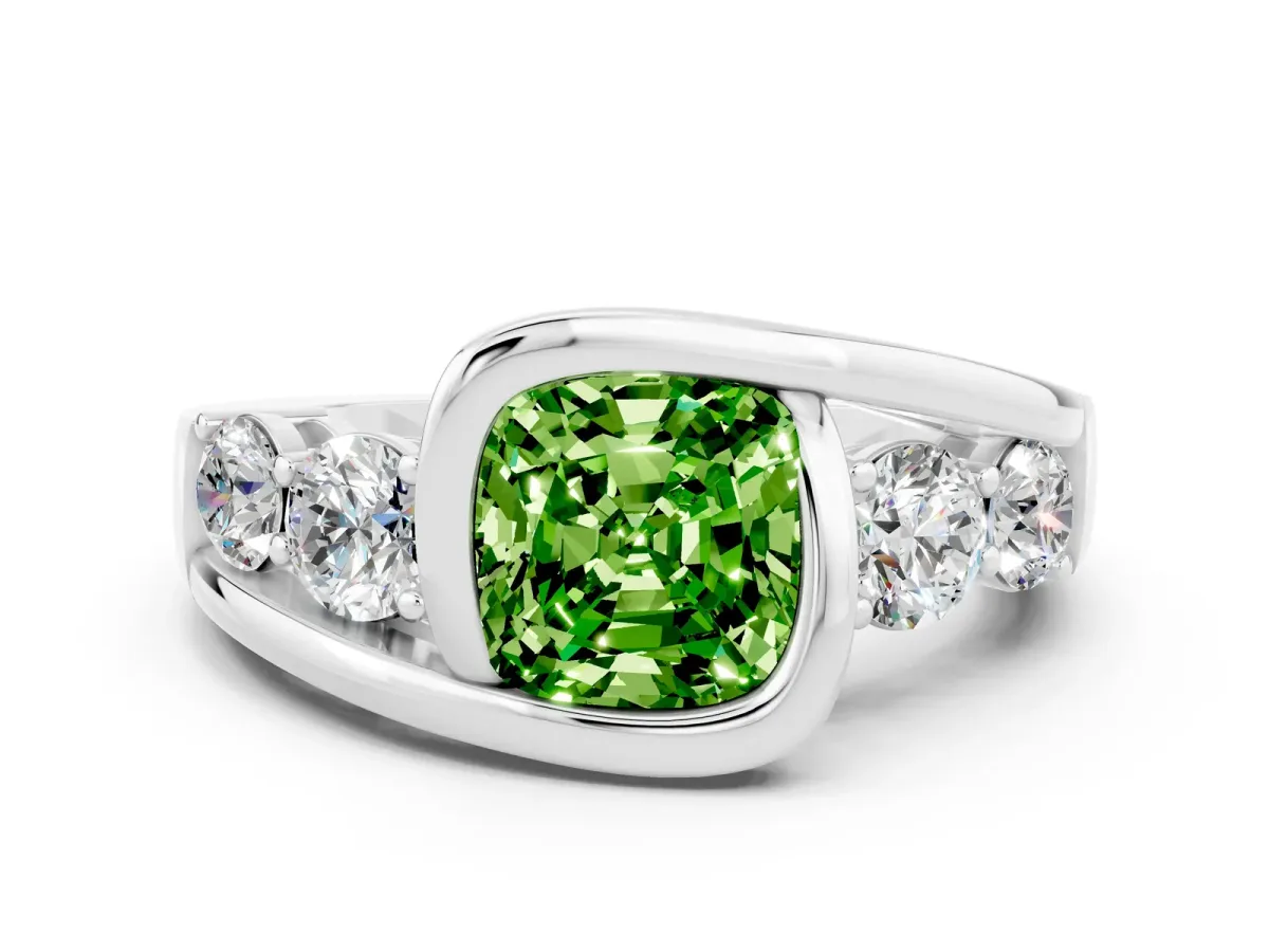 Bezel Set Cushion Cut Peridot Bypass Ring with Round Accents Platinum