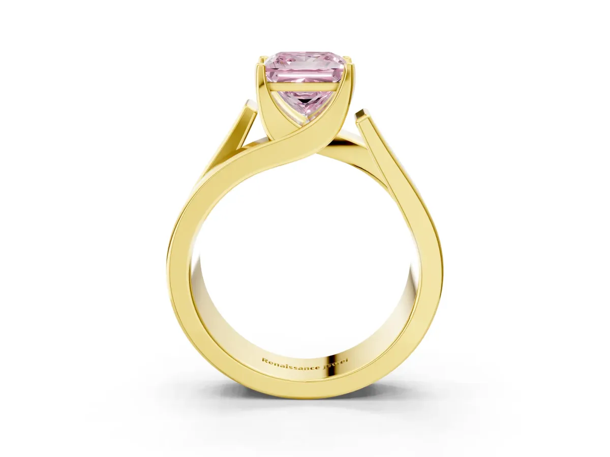 Fancy Pink Modern Tension Set Princess Cut Diamond Solitaire Wide Band Ring Yellow gold