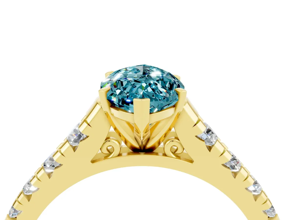 Marquise Cut Blue Topaz Cathedral Solitaire Ring with Round Pavé Band Yellow gold