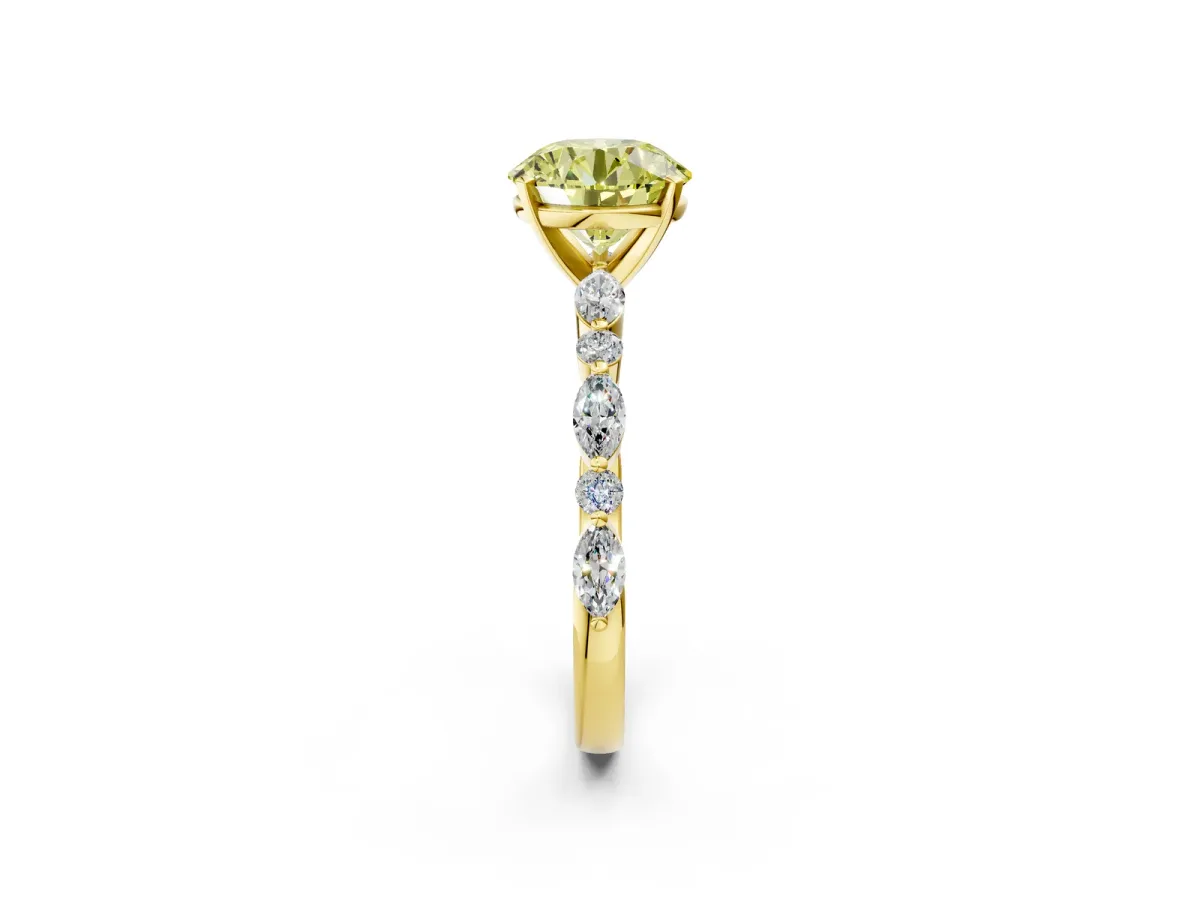 Fancy Yellow Round Cut Diamond Ring with Marquise and Round Side Stones and Four-Prong Setting Yellow gold