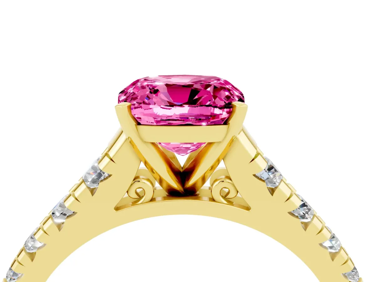 Cushion Cut Pink Sapphire Cathedral Solitaire Ring with Round Pavé Band Yellow gold