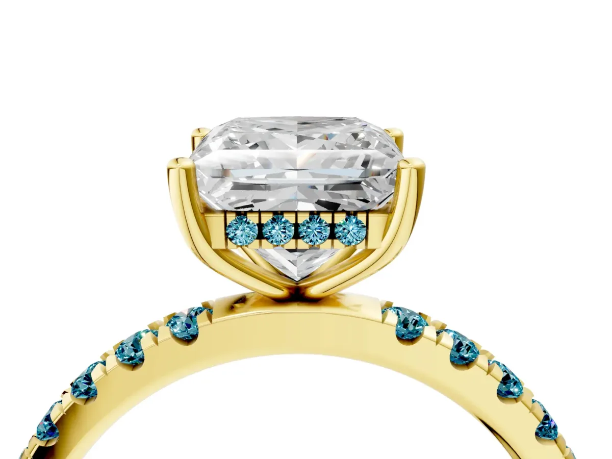 Princess Cut Diamond Pave Band Solitaire Ring with Round Blue Topaz and Prong Setting Yellow gold