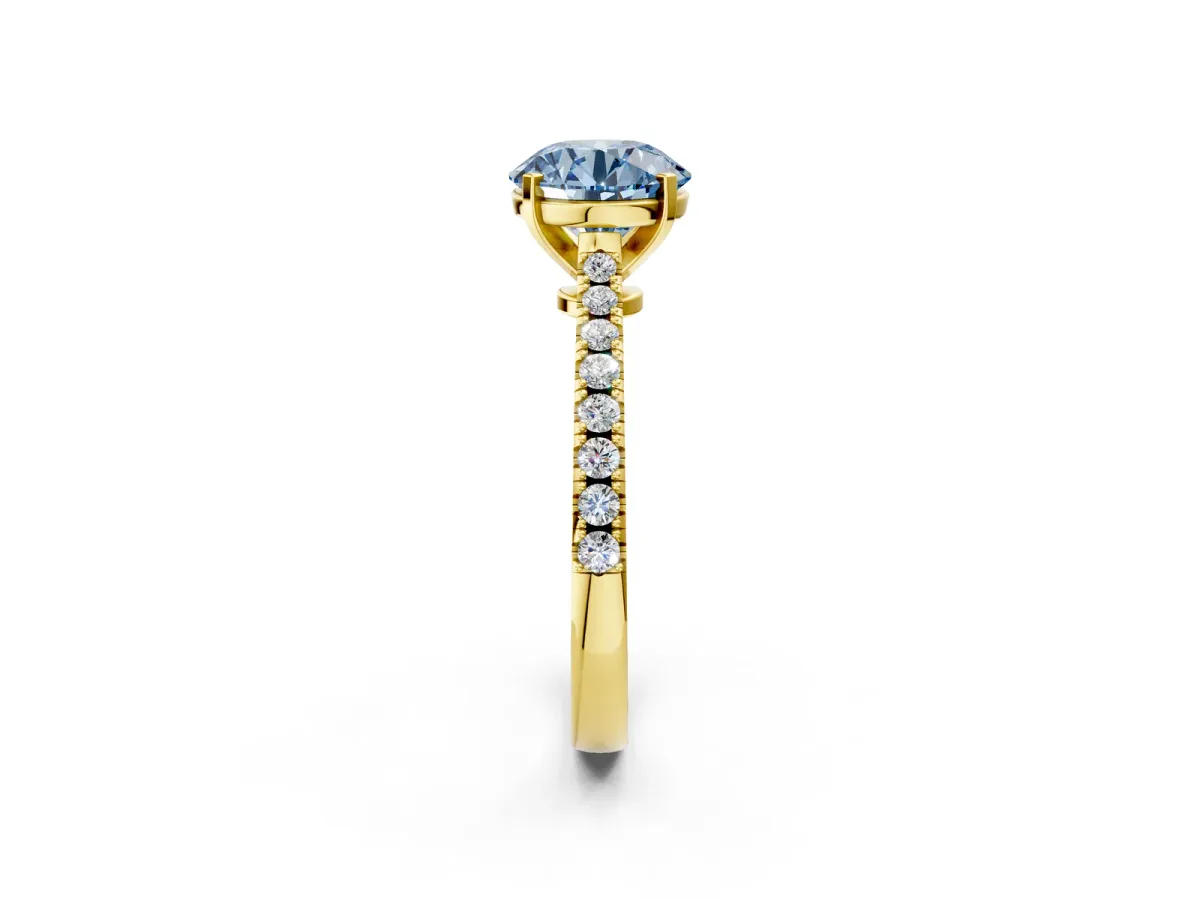 Fancy Blue Asscher Cut Cut Solitaire Diamond Engagement Ring with Pave Band and Four-Prong Setting Yellow gold