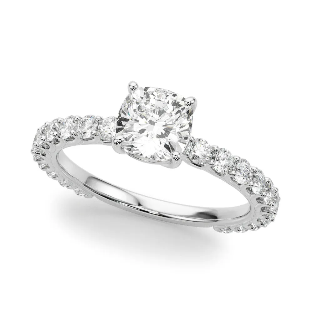 Radiant Cut Cut Diamond Solitaire Ring with U-Prong Diamond Band and Four Prong Setting Silver