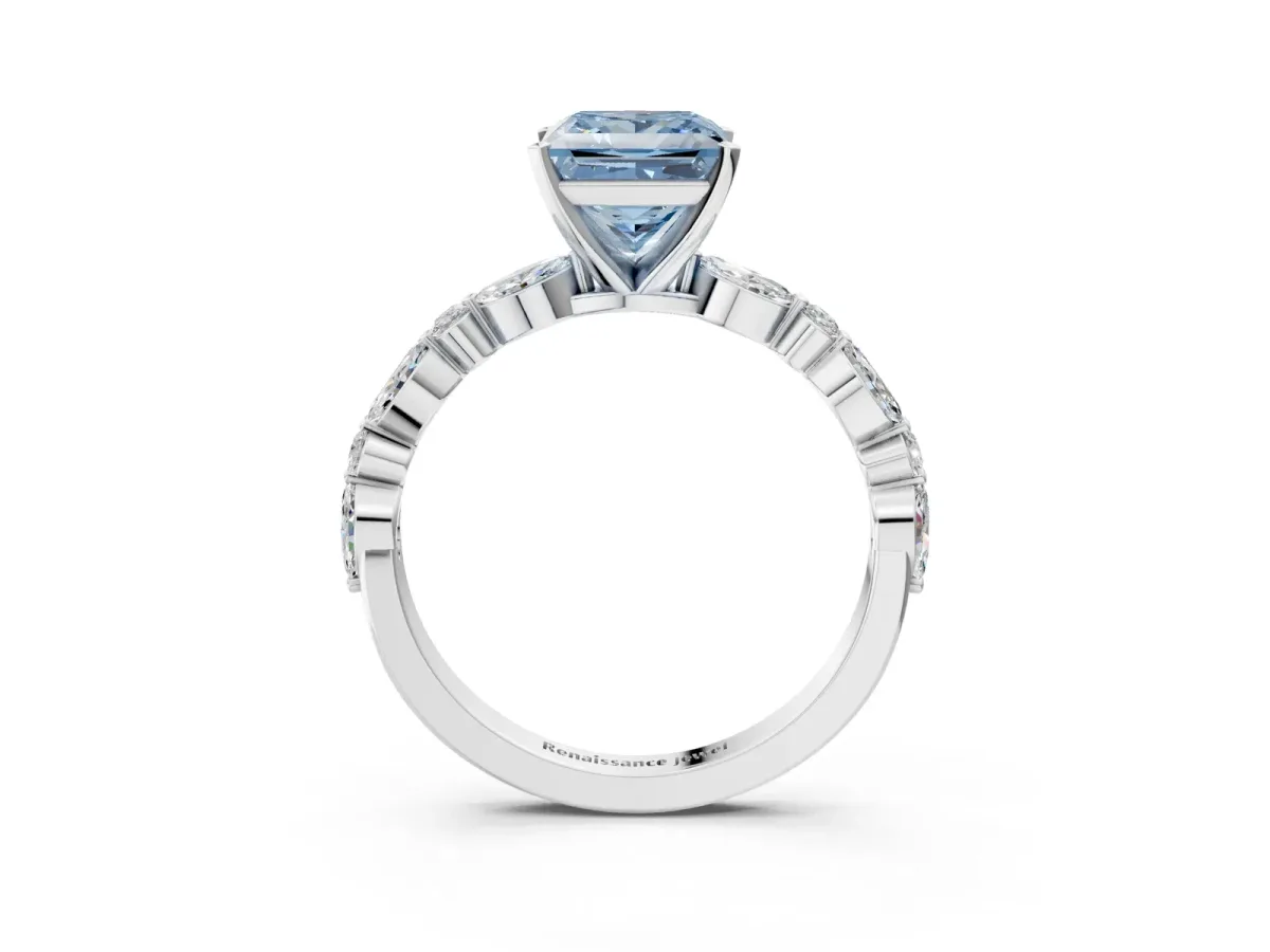Fancy Blue Princess Cut Diamond Ring with Marquise and Round Side Stones and Four-Prong Setting White gold