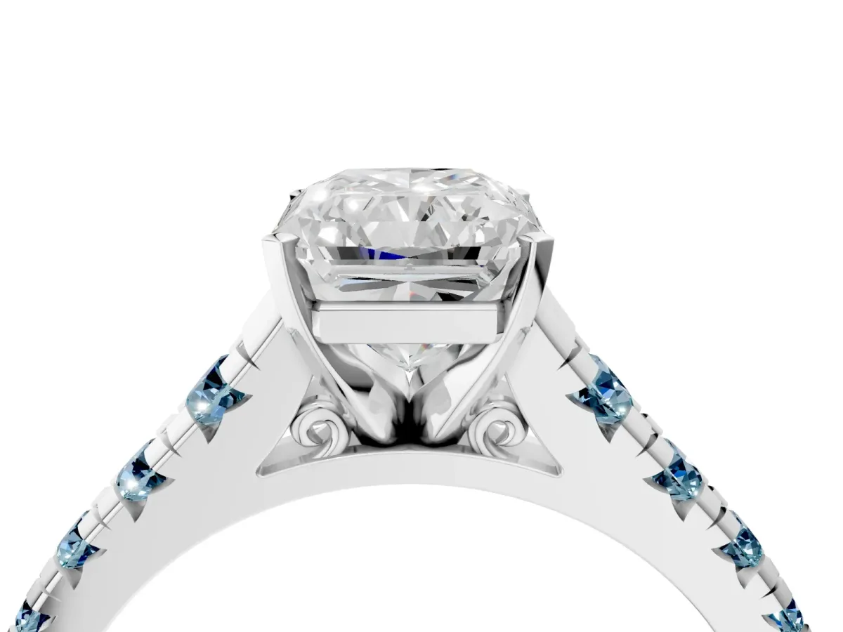 Radiant Cut Diamond Cathedral Solitaire Ring with Round Aquamarine Pavé Band White gold