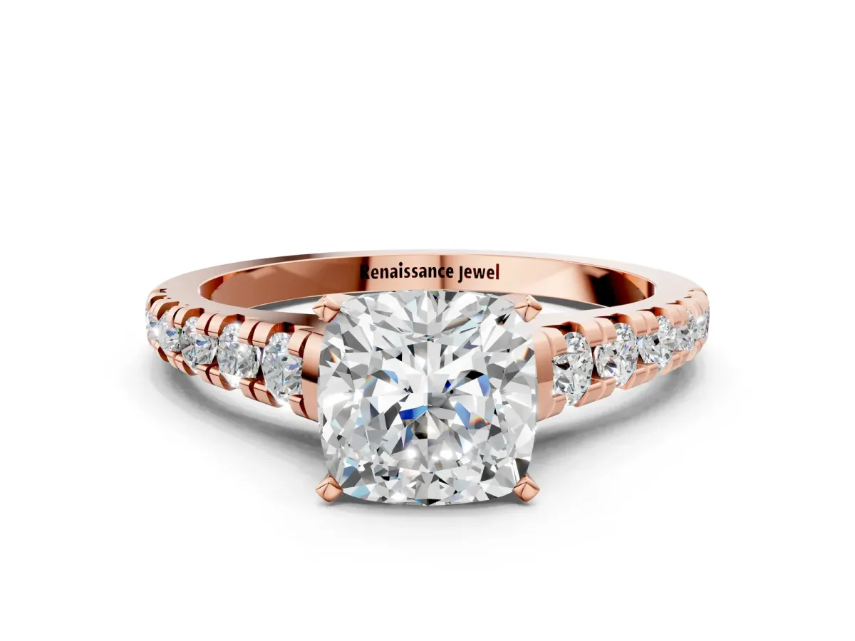 Cushion Cut Diamond Cathedral Solitaire Ring with Round Moissanite Pavé Band Rose gold