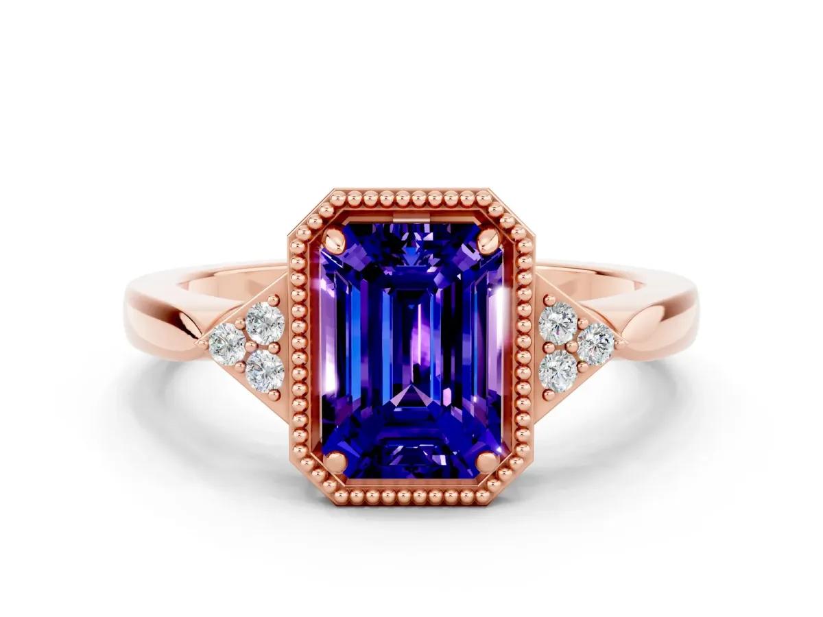 Emerald Cut Tanzanite Halo Ring with Tapered Band and Four-Prong Setting Rose gold