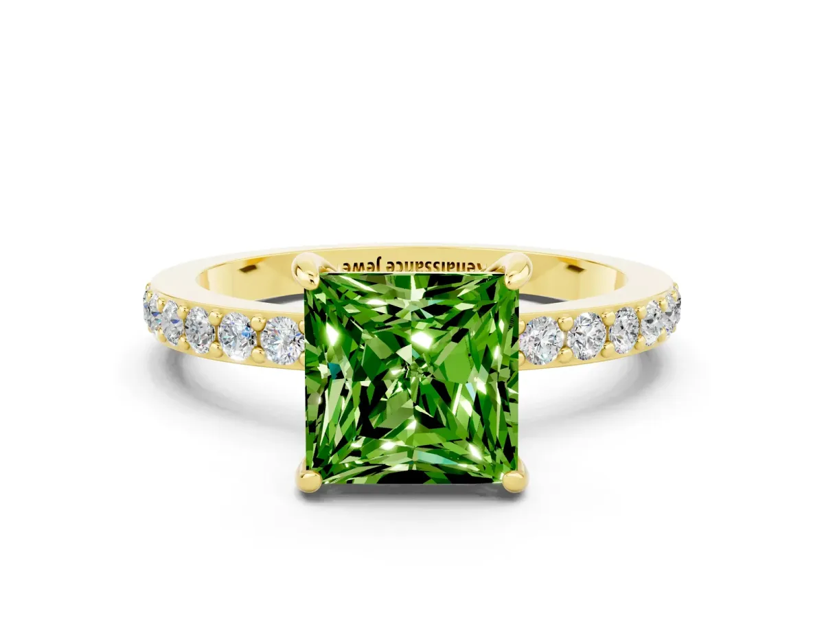 Princess Cut Peridot Solitaire Engagement Ring with Pavé Band and Four-Prong Setting Yellow gold