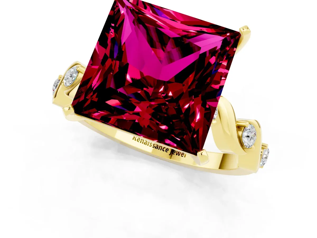 Princess Cut Garnet Solitaire Twisted Band with Round Accents and Prong Setting Yellow gold