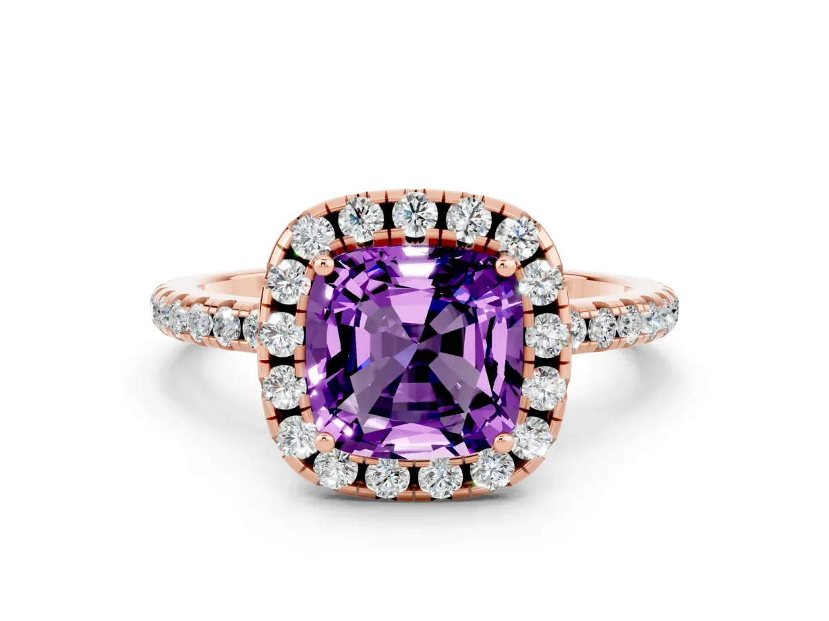 Cushion Cut Amethyst Halo Ring with Round Pavé Band and Prong Setting Rose gold