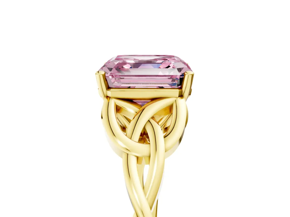 Fancy Pink Asscher Cut Diamond Solitaire Engagement Ring with Celtic Knot Band and Four-Prong Setting Yellow gold