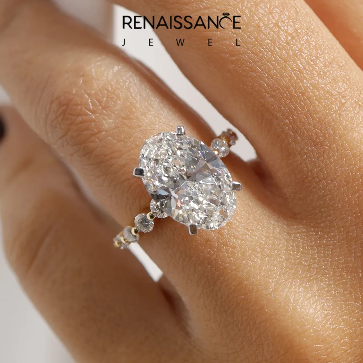 Oval Cut Solitaire Diamond Ring with Pave Band and Four-Prong Setting Yellow gold
