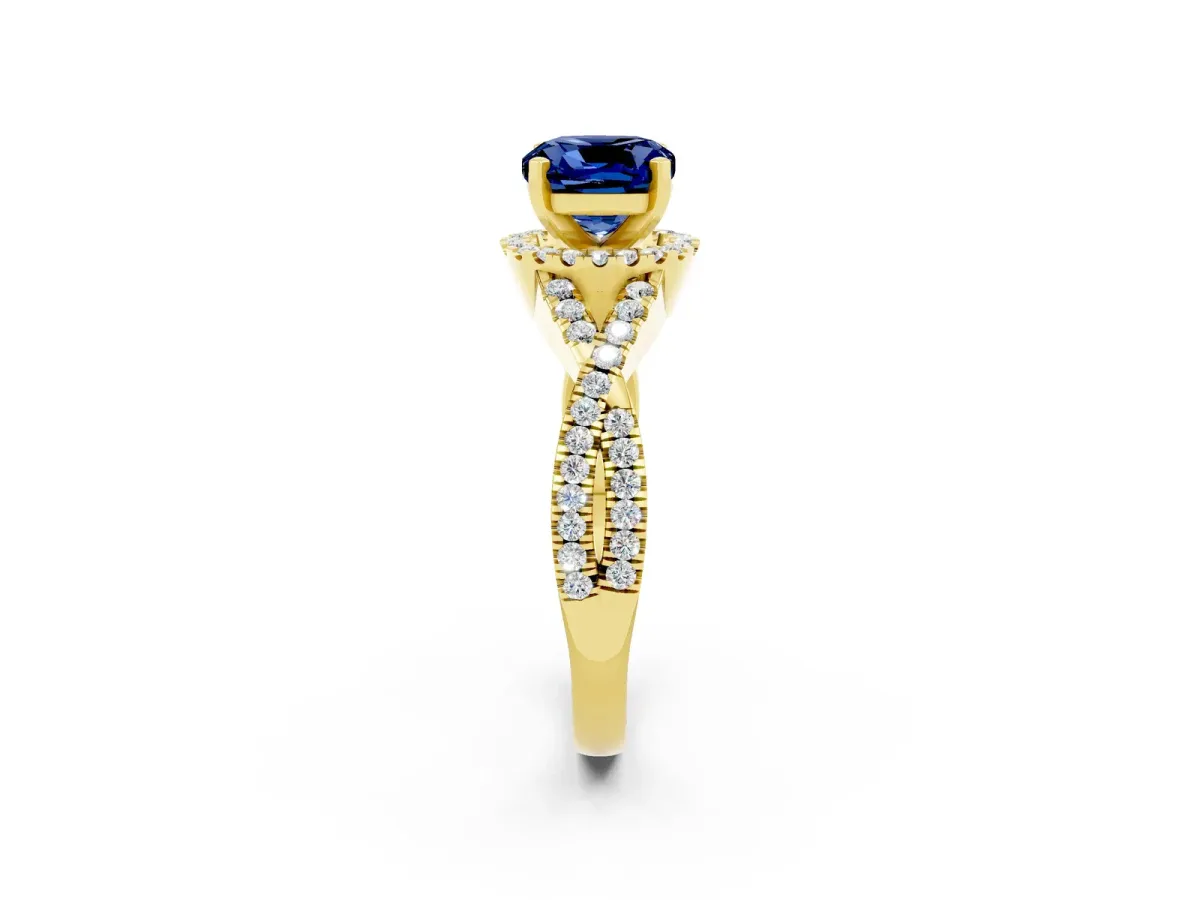 Cushion Cut Blue Sapphire Halo Twist Band Solitaire Prong Setting Ring Yellow gold