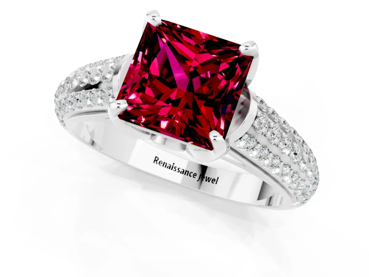 Princess Cut Garnet Solitaire Ring with Three-Row Pavé Band and Four-Prong Setting Platinum