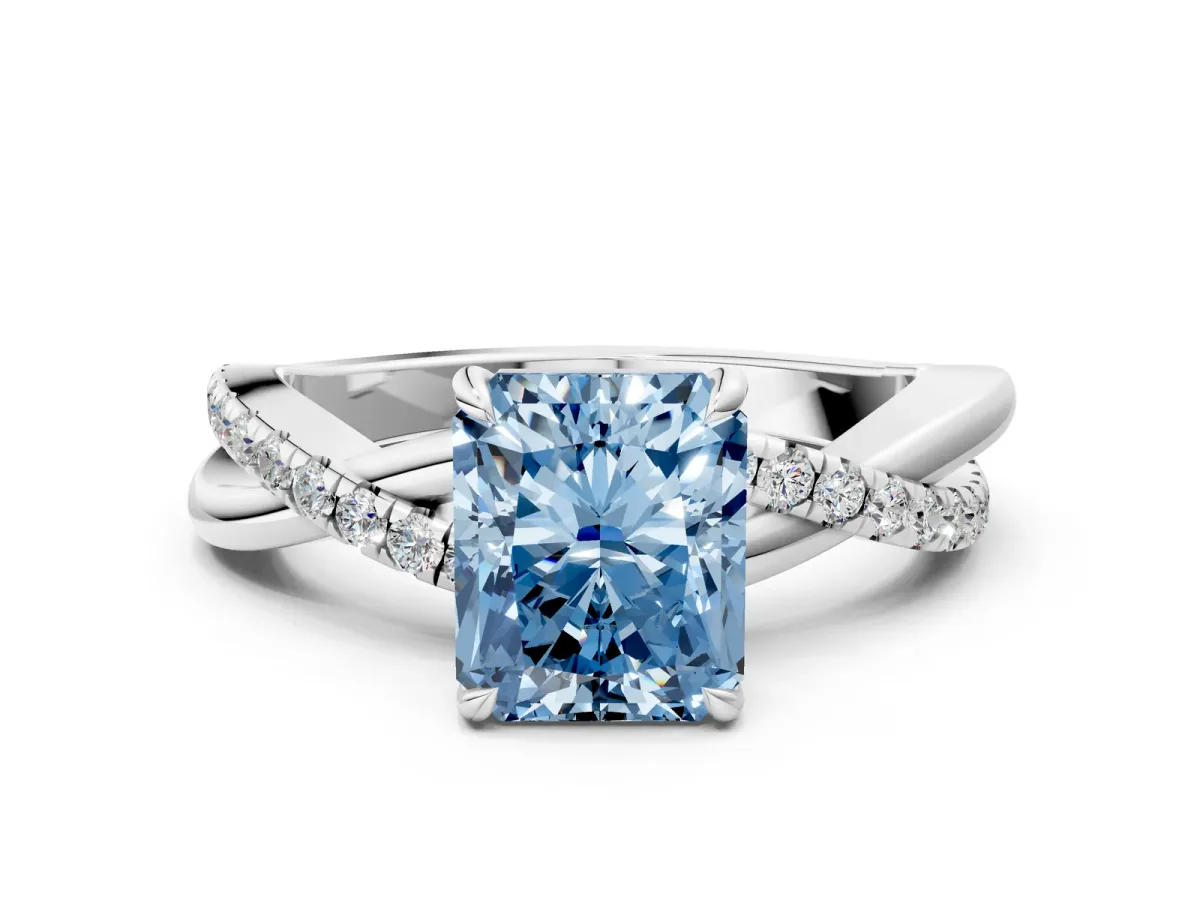 Fancy Blue Radiant Cut Cut Diamond Twisted Band with Pavé Setting and Four-Prong Setting Platinum