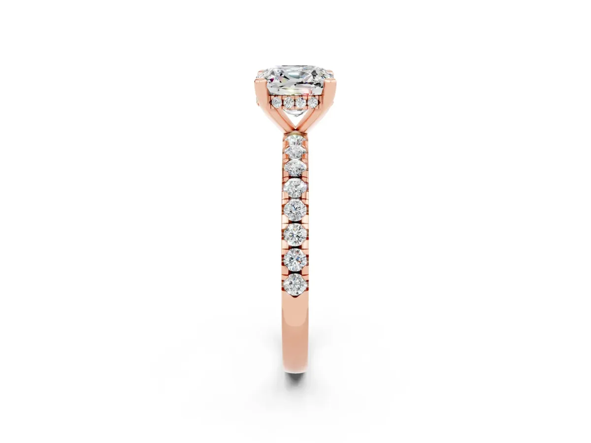 Cushion Cut Moissanite Solitaire Ring with Round Pavé Band and Four-Prong Setting Rose gold