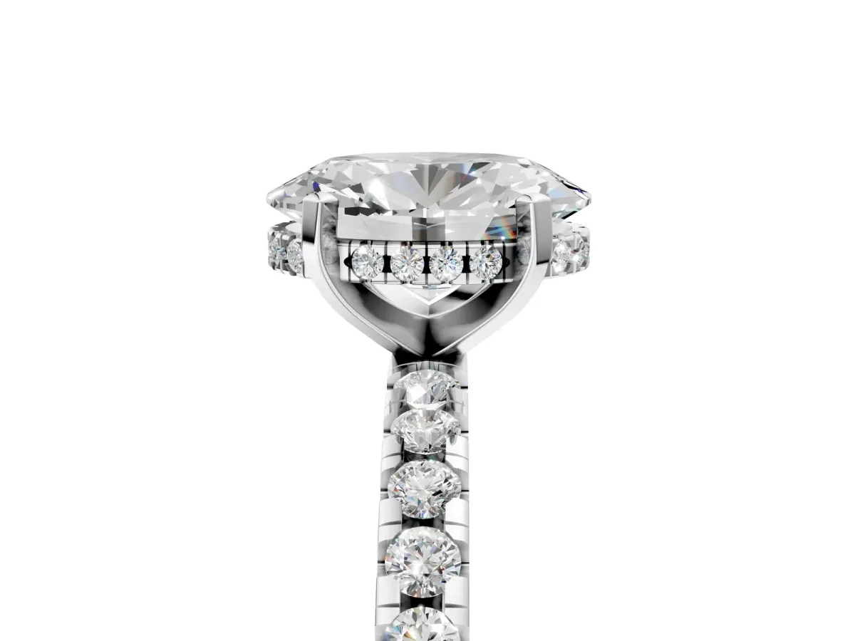 Oval Cut Diamond Solitaire Ring with Round Pavé Band and Four-Prong Setting Platinum