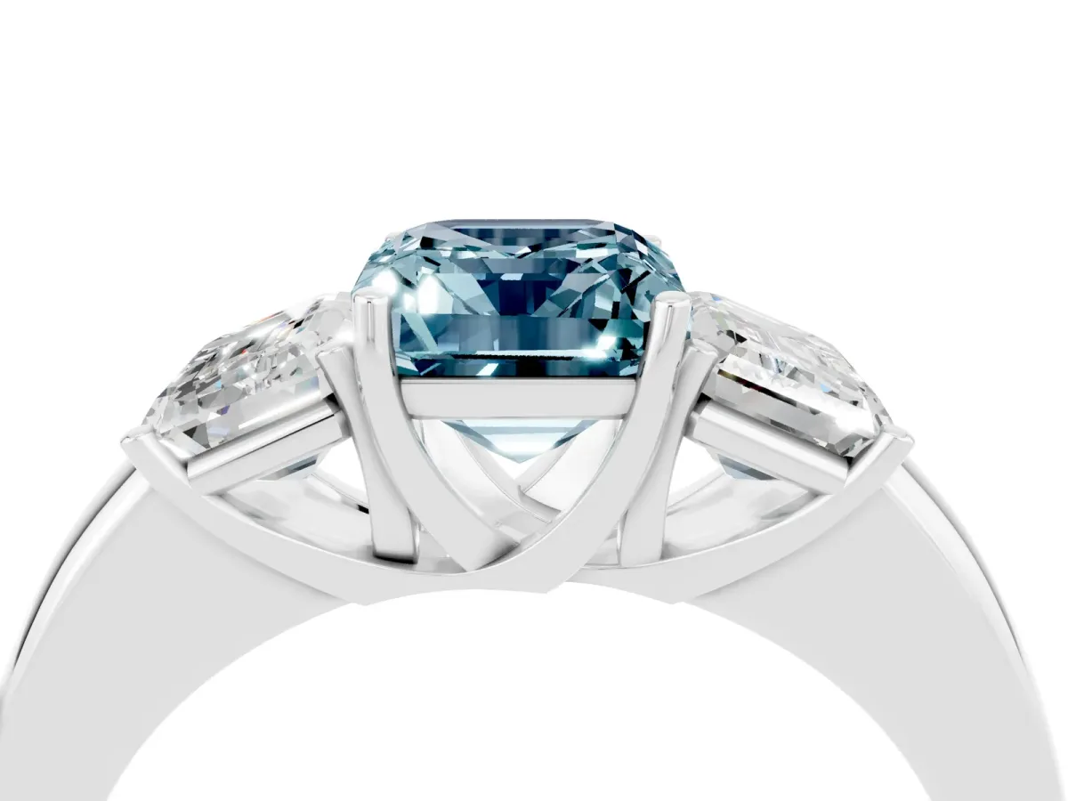 Emerald Cut Aquamarine Three-Stone Ring with Four-Prong Setting and Classic Band Silver
