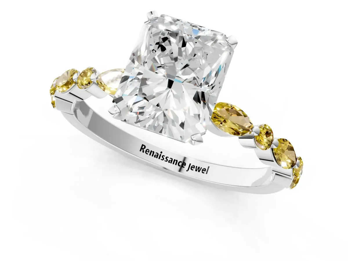 Radiant Cut Diamond Ring with Marquise and Round Yellow Sapphire Side Stones and Four-Prong Setting Silver