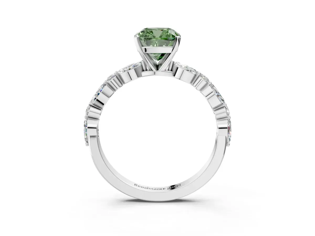 Fancy Green Cushion Cut Diamond Ring with Marquise and Round Side Stones and Four-Prong Setting White gold