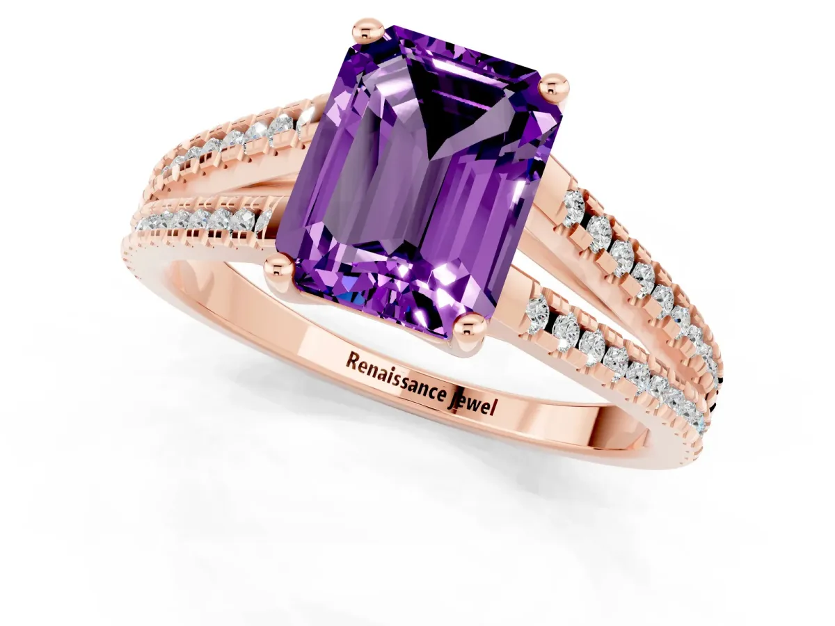 Emerald Cut Amethyst Solitaire Engagement Ring with Split Shank Pavé Band Rose gold