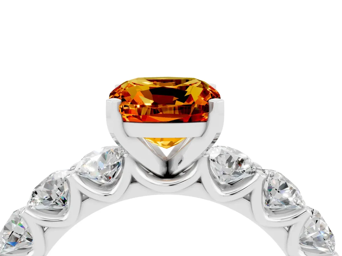 Cushion Cut Citrine Prong Setting with Side Stones on a Pave Band Silver