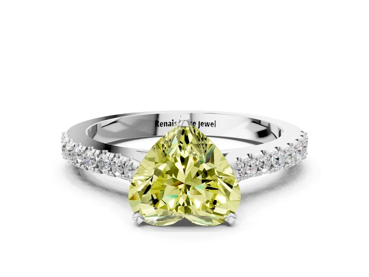 Fancy Yellow Heart Cut Cut Solitaire Diamond Engagement Ring with Pave Band and Four-Prong Setting White gold