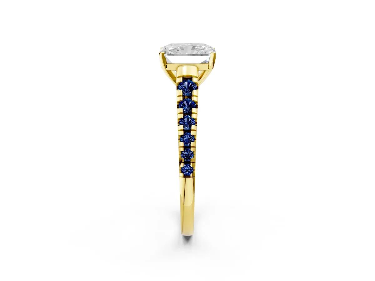 Radiant Cut Diamond Cathedral Solitaire Ring with Round Blue Sapphire Pavé Band Yellow gold