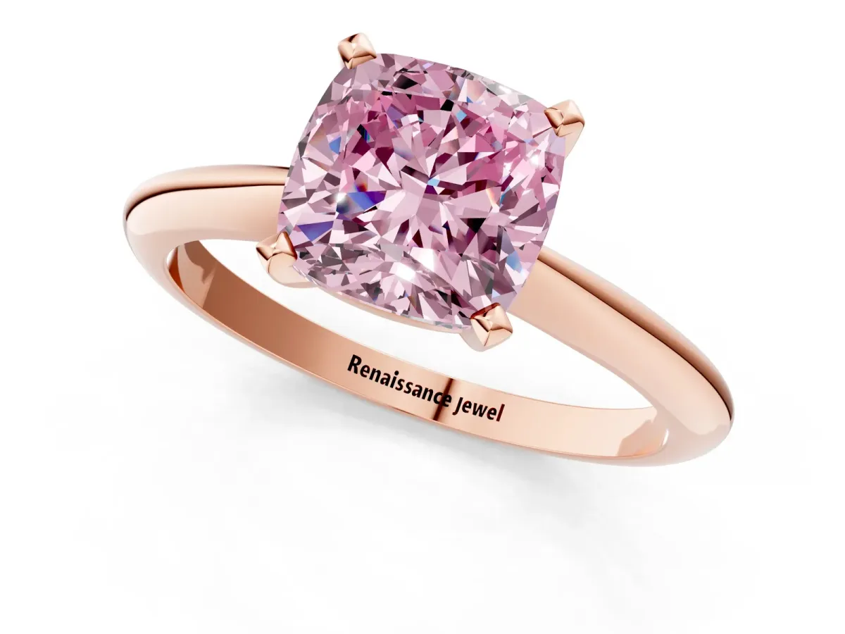 Fancy Pink Cushion Cut Diamond Solitaire Engagement Ring with Classic Band and Four-Prong Setting Rose gold