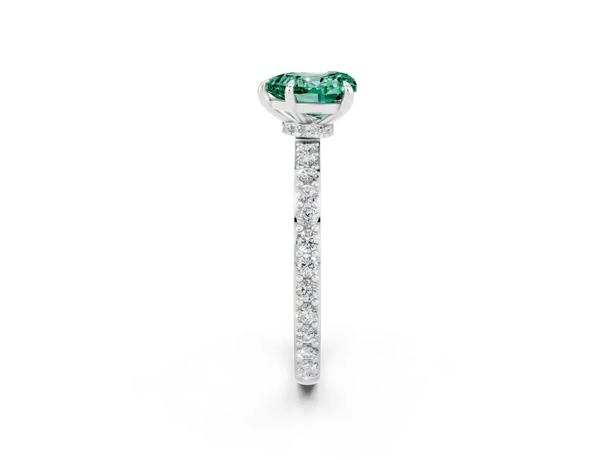 Heart Cut Green Sapphire Solitaire Engagement Ring with Pavé Band and Four-Prong Setting White gold