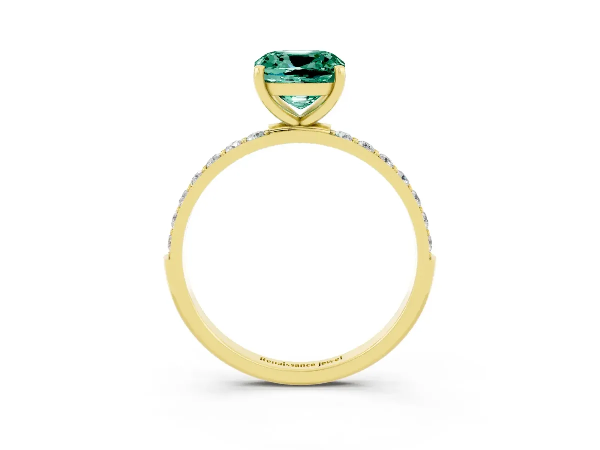 Cushion Cut Green Sapphire Solitaire Ring with Round Pavé Band and Prong Setting Yellow gold