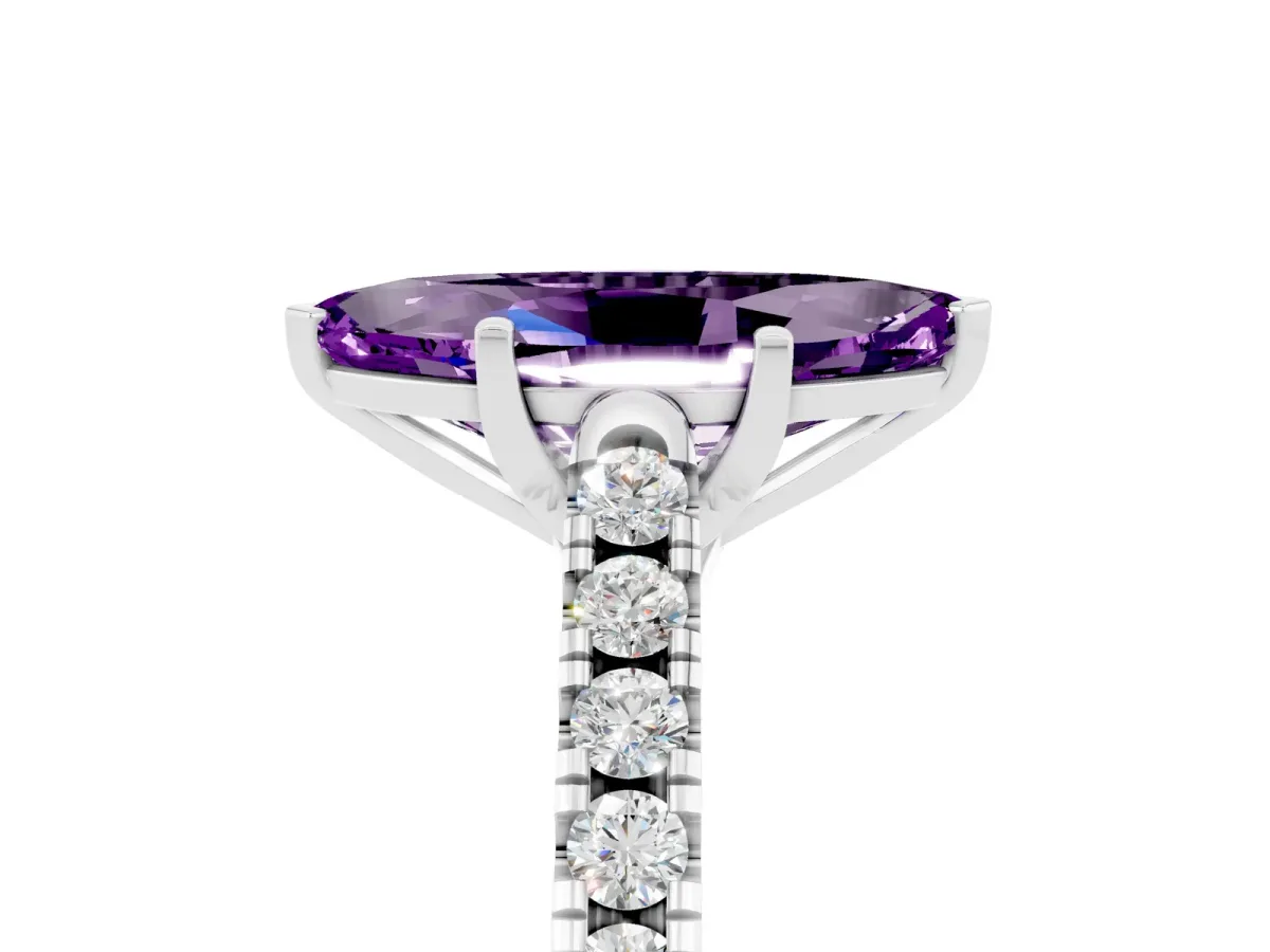 Marquise Cut Amethyst Pavé Band Solitaire Ring with Prong Setting Silver