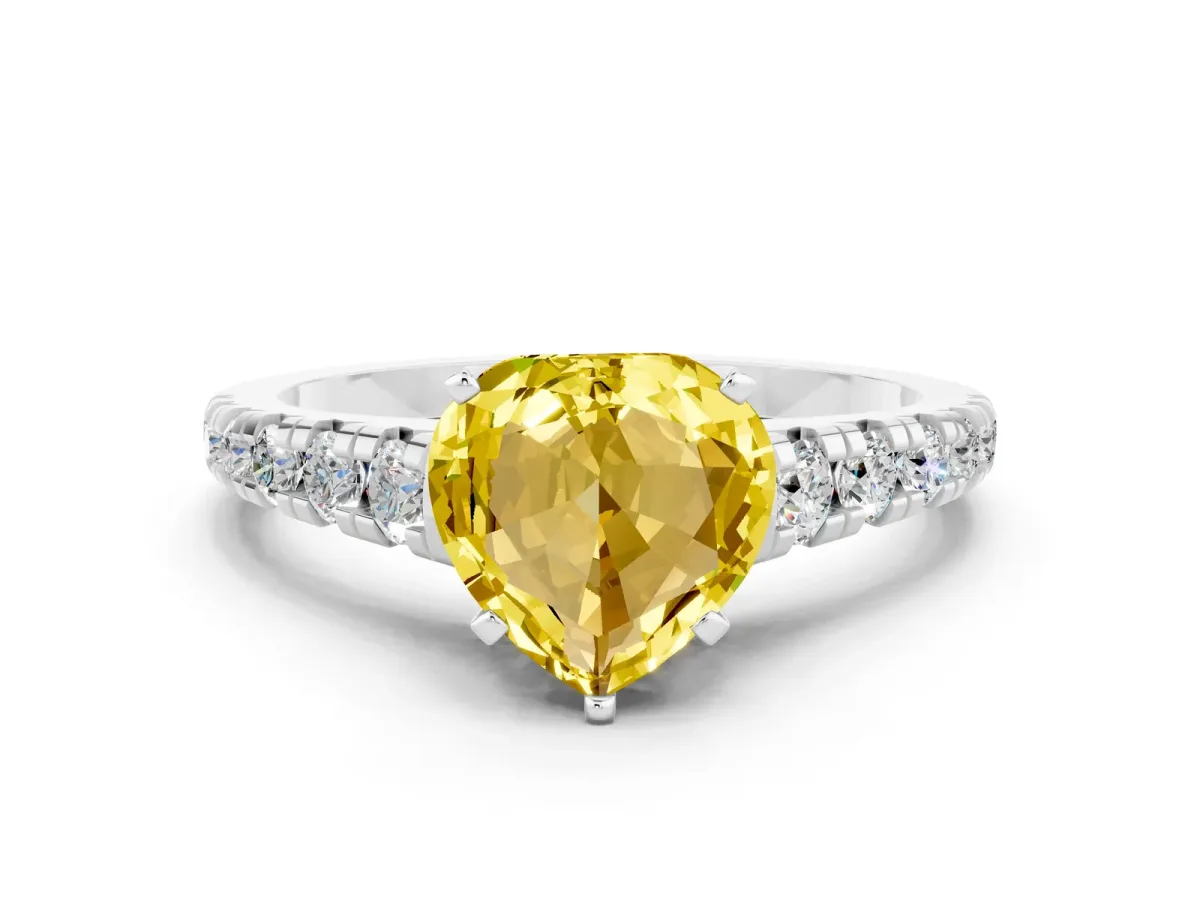 Heart Cut Yellow Sapphire Cathedral Solitaire Ring with Round Pavé Band White gold