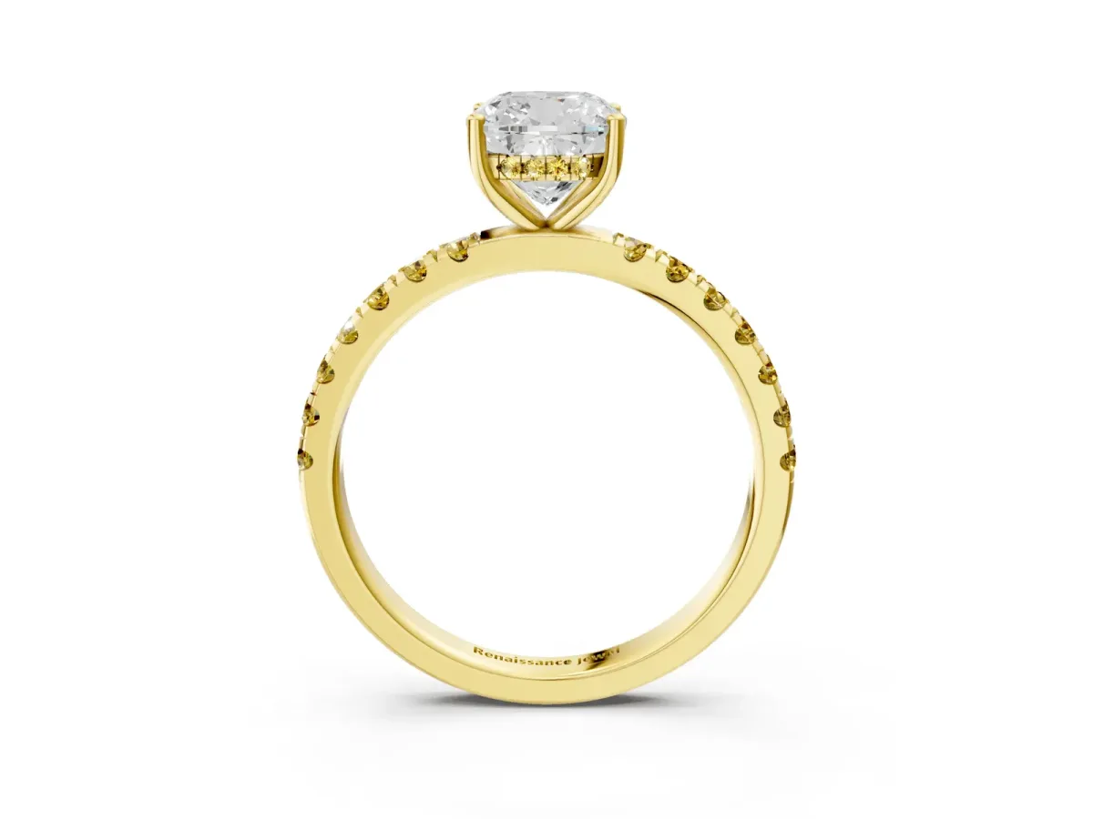 Cushion Cut Diamond Pave Band Solitaire Ring with Round Yellow Sapphire and Prong Setting Yellow gold