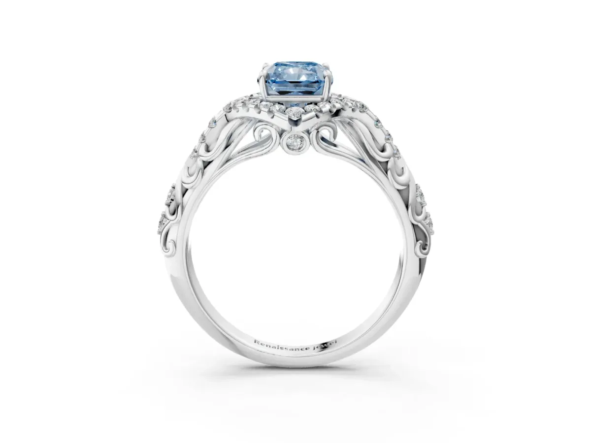 Fancy Blue Radiant Cut Diamond Solitaire Ring with Hidden Halo and Pavé Band White gold