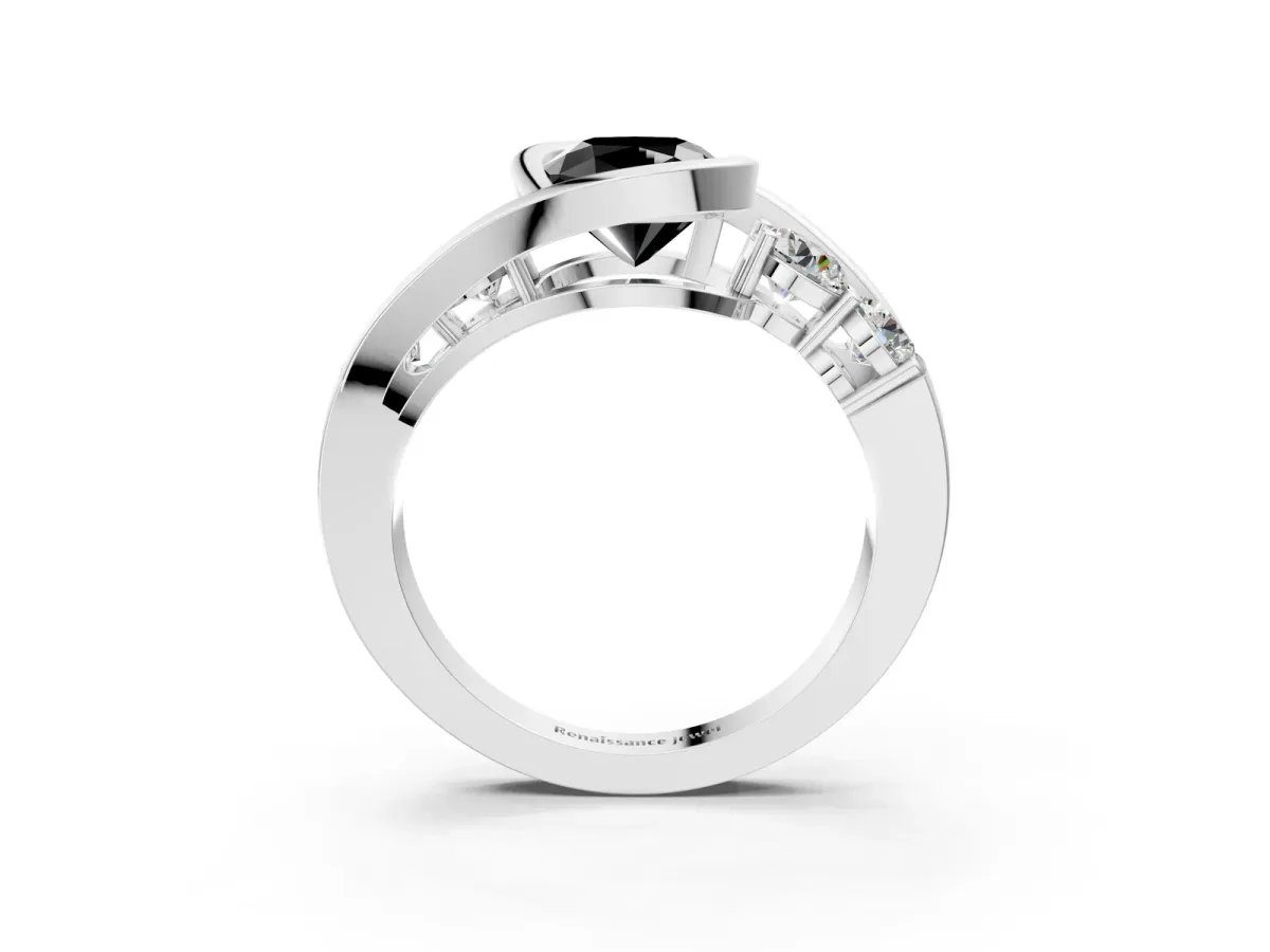 Fancy Black Bezel Set Cushion Cut Diamond Bypass Ring with Round Accents Platinum