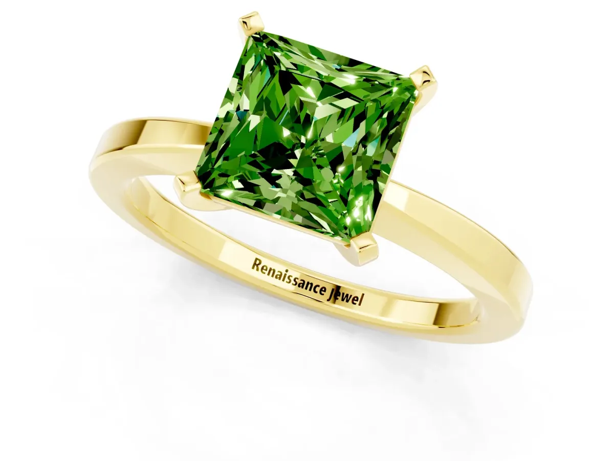 Princess Cut Peridot Solitaire Engagement Ring with Classic Band and Four-Prong Setting Yellow gold
