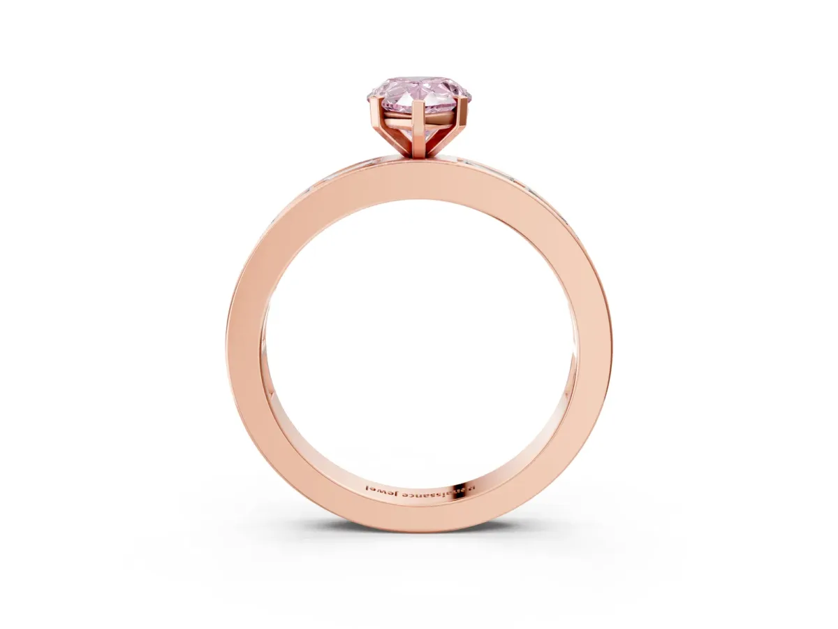 Fancy Pink Pear Cut Solitaire Diamond Ring with Channel-Set Baguette Band and Four-Prong Setting Rose gold