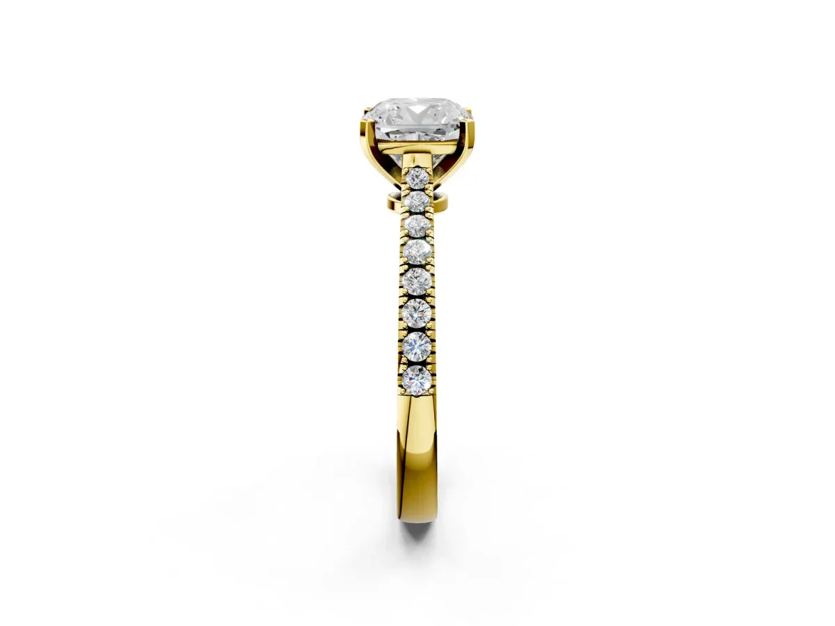Cushion Cut Cut Solitaire Diamond Engagement Ring with Pave Band and Four-Prong Setting Yellow gold