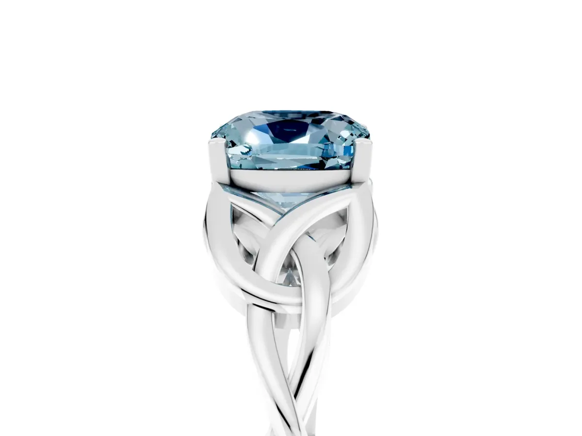 Cushion Cut Aquamarine Solitaire Engagement Ring with Celtic Knot Band and Four-Prong Setting White gold