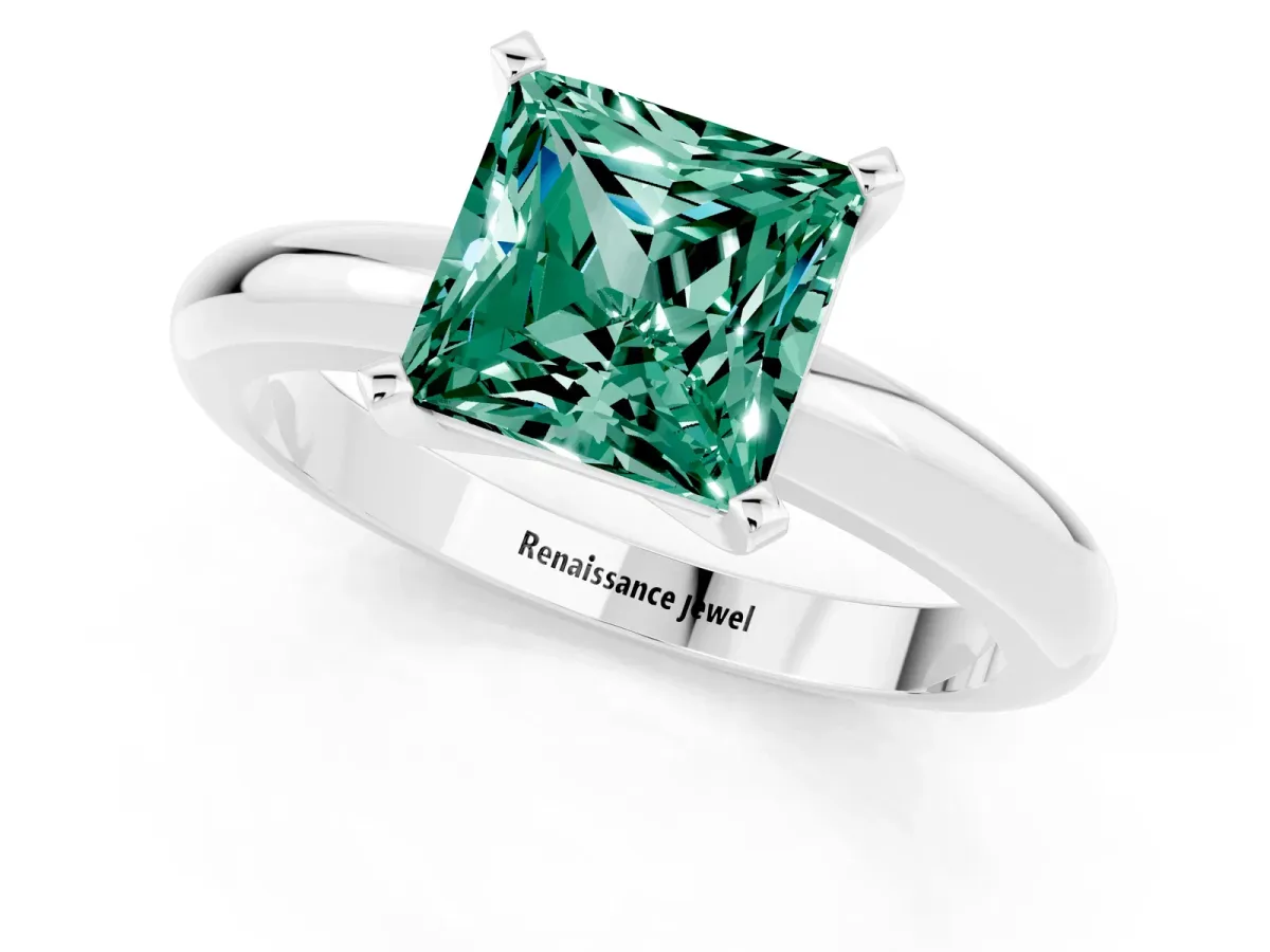 Princess Cut Green Sapphire Solitaire Engagement Ring with Round Band and Four-Prong Setting Platinum